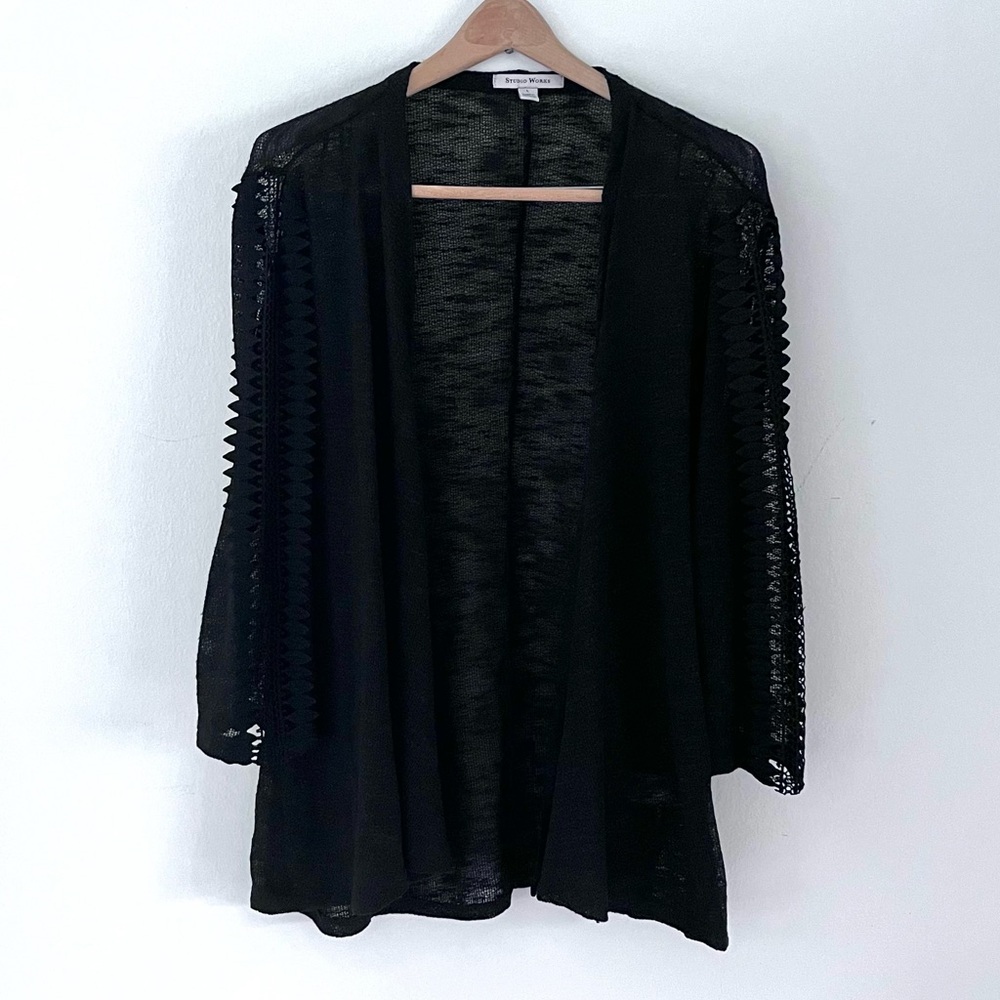 Studio Works Cardigan Open Front Lace Crocheted Sleeve Women’s Size Large
